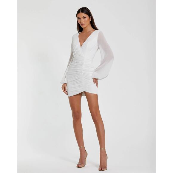 Mac Duggal Dresses & Skirts - Mac Duggal 26655 White Long Blouson Sleeve Ruched Mini Dress Sz 4